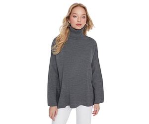 Trendyol Pull Oversize uni à col roulé Maillot de survêtement, Gris, L Femme