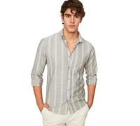Trendyol T- Shirt Kaki pour Homme, Coupe ajustée, col boutonné, Fin, rayé