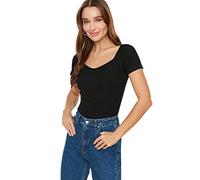 Trendyol Woman Fitted Bodycon Scoop Neck Knit Blouse Chemise, Black, L Femme