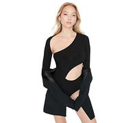 Trendyol Woman Slim Bodycon Asymmetrical Collar Woven Bodysuit Chemise, Black, 42 Femme