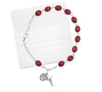 Trendzeen Chapelet coccinelle - Bracelet chapelet en métal rouge avec médaille miraculeuse oxydée en argent, pochette à bijoux en microfibre blanche - Ensemble de 2 pièces au total