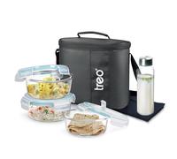 Treo Milton Tiffin Lot de 5 bouteilles rondes en verre borosilicate résistant aux intempéries avec étui de transport et bouteille en verre, passe au micro-ondes, au four, anti-fuite, anti-rayures