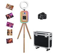 Trépied avec anneau lumineux compatible avec surface/tablette/iPad - Support pour cabine photo de 10,2 à 13 pouces - Machine à selfie pour événements (ton bois, machine + appareil photo)