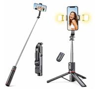 Trépied perche à selfie mobile 116 cm avec 2 lumières de remplissage et télécommande Bluetooth - Trépied extensible pour anneau lumineux, compatible avec iPhone, Samsung et téléphones Android