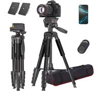 Trépied pour Appareil Photo Reflex Numérique en Aluminium avec Tête Fluide Panoramique à 360°Et 2 Plaques QR pour Sony/Nikon/Canon, Trépied de Téléphone avec Support de Téléphone (Noir)
