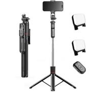 Trépied pour téléphone portable avec lampe - Perche à selfie Bluetooth télescopique pliable de 67 pouces - Avec double éclairage LED