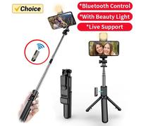 Trépied sans fil pour selfie avec lumière, télécommande Bluetooth, trépied extensible pour iPhone, téléphone portable, diffusion en direct White With Lights
