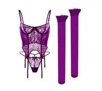 Très de Lingerie en Dentelle Soutien-Gorge Push-up à Armatures Bralette et Culotte Confortables pour Femmes Pyjama Nuit Tenue avec Une Touche Sensuelle (Purple, M)