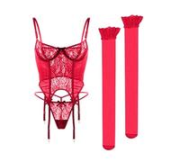 Très de Lingerie en Dentelle Soutien-Gorge Push-up à Armatures Bralette et Culotte Confortables pour Femmes Pyjama Nuit Tenue avec Une Touche Sensuelle (Red, S)