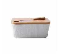 Très pratique Boîte à beurre Simple, beurrier en céramique gaufrée blanc pur avec couteau et bol à fromage avec couvercle en bois pour Conserver