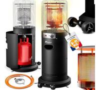 TRESKO Chauffage de terrasse à gaz 11kW + roulettes, pour bouteilles 5 & 11kg | Chauffage extérieur puissant pour terrasse, balcon, jardin, camping | Parasol chauffant avec tuyau et détendeur (Noir)