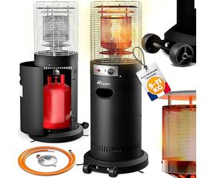 TRESKO Chauffage de terrasse à gaz 11kW + roulettes, pour bouteilles 5 & 11kg | Chauffage extérieur puissant pour terrasse, balcon, jardin, camping | Parasol chauffant avec tuyau et détendeur (Noir)