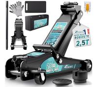 TRESKO Cric hydraulique 2,5 t - Hauteur de levage 85-385 mm - Avec mallette - Cric hydraulique plat pour voitures surbaissées - Roues à 360° avec 2 patins en caoutchouc, tapis de genoux, gants