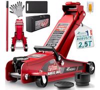 TRESKO Cric hydraulique 2,5 t - Hauteur de Levage 85-385 mm - avec Mallette - Cric hydraulique Plat pour Voitures surbaissées - Roues à 360° avec 2 Patins en Caoutchouc, Tapis de Genoux, Gants