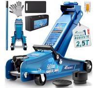 TRESKO Cric hydraulique 2,5 t - Hauteur de Levage 85-385 mm - avec Mallette - Cric hydraulique Plat pour Voitures surbaissées - Roues à 360° avec 2 Patins en Caoutchouc, Tapis de Genoux, Gants