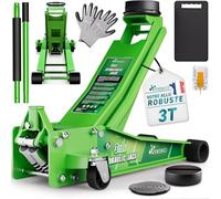 TRESKO Cric hydraulique 3 t - Hauteur de levage 75 à 510 mm - Cric hydraulique plat double piston et roulettes à 360° avec 2 patins en caoutchouc - Tapis de protection - Gants (vert, 3 tonnes)