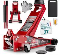 TRESKO Cric hydraulique 3 T - Hauteur de levage 75 à 510 mm - Cric hydraulique plat double piston et roulettes à 360° avec 2 patins en caoutchouc, tapis de protection, gants (rouge, 3 tonnes)