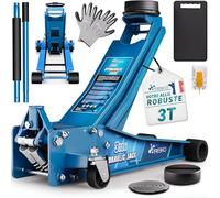 TRESKO Cric hydraulique 3 t - Hauteur de levage 75 à 510 mm - Cric hydraulique pour voiture - Cric plat avec double piston et roulettes à 360° - Avec 2 patins en caoutchouc, tapis de protection, gants