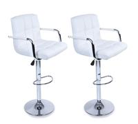 TRESKO Lot de 2 Tabourets de bar BLANC avec dossier, accoudoir, chromé, rotation à 360°, hauteur réglable, 62,0 à 82,5 cm