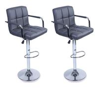 TRESKO Lot de 2 Tabourets de bar GRIS avec dossier, accoudoir, chromé, rotation à 360°, hauteur réglable, 62,0 à 82,5 cm