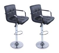 TRESKO Lot de 2 Tabourets de bar NOIR avec dossier, accoudoir, chromé, rotation à 360°, hauteur réglable, 62,0 à 82,5 cm