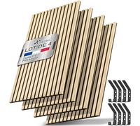 TRESKO Lot de 4 panneaux acoustiques en bois - 120 x 60 cm - Avec 8 crochets à vêtements - Revêtement mural en chêne clair comme mur à lamelles 3D - Panneaux en bois pour isolation acoustique