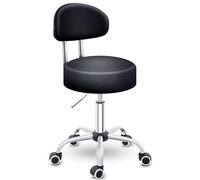 TRESKO® Tabouret de travail Noir à Roulettes avec Dossier - Réglable 46-58 cm, Pivotant 360°, Similicuir, Bureau & Cosmétique