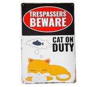 Trespassers Beware - Cat on Duty - Plaque en métal de 20,3 x 30,5 cm - Décoration d'intérieur amusante, panneau d'avertissement extérieur, cadeau pour amoureux des chats mignons, art mural en métal
