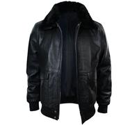 TRESSANO Blouson aviateur G1 en cuir pour homme avec col en fausse fourrure Bleu marine, noir, XX-Large