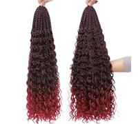 Tresses synthétiques style Boho de 24 pouces, tresses au Crochet, extrémités bou s bohème, cheveux synthétiques pré-bouclés en désordre for femmes noires(1B Burgundy Color,4Pcs)
