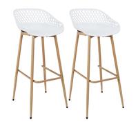 TRESSIE - Lot de 2 Tabourets Blancs Pieds Effet Bois Verni