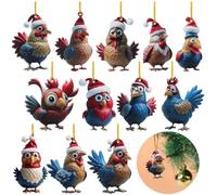 Tressify Lot de 12 décorations décoratives à suspendre en forme de coq de Noël, pendentifs de Noël en acrylique pour intérieur de voiture, jolis pendentifs de dessin animé