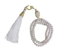 Tressify Lot de 2 perles de prière musulmanes blanches, 99 perles synthétiques Tasbih avec galvanoplastie en métal et pompon, 44 cm, chapelet pour cadeau islamique
