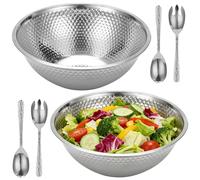 Tressify Lot de 2 saladiers martelés avec 4 ustensiles de service, saladier en acier inoxydable de 13 pouces, bols de cuisine pour mélanger, soupe, rangement, cuisson, service et préparation