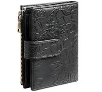 Tressify Portefeuille à trois volets en cuir synthétique noir gaufré pour femme, sac à main court avec blocage RFID avec emplacements pour cartes, poche pour pièces de monnaie, fermeture à boucle