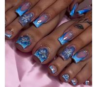 Tressora Lot de 48 ongles autocollants roses, longs carrés et autocollants pour ongles d'orteils - Bleu printemps - Conseils de nail art - Kit d'ongles en acrylique