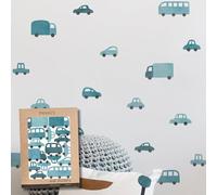 TRESXICS Stickers Muraux Enfants Voitures et Camions, 32 pièces, Décoration Chambre Bébé Original et Résistant, Effet Papier Peint Adhesif Mural, Application Facile et Amovible (Bleu)