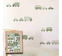 TRESXICS Stickers Muraux Enfants Voitures et Camions, 64 pièces, Décoration Chambre Bébé Original et Résistant, Effet Papier Peint Adhesif Mural, Application Facile et Amovible (Vert)