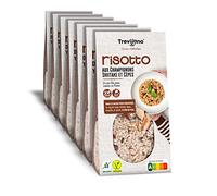 Trevijano Risotto aux Shiitakés et Cèpes: 7 barquettes de 280 g chacune. Sans additifs ni conservateurs : riz, oignon rouge, cèpes déshydratés, champignon shiitaké, potiron, ail, basilic.