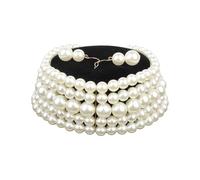 TREWQ Collier choker en perles de 5 couches, perles simulées, rhodium, charme élégant, perles pour tenue de mariage, collier choker pour soirée avec boucles d'oreilles off-white