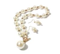 TREWQ Ensemble De Bijoux Classique Avec Collier, Boucles D'oreilles Et Perles En Verre Imitant Les Perles, Style Vintage, Cadeau Pour Femmes, Filles, Demoiselles D'honneur Beige