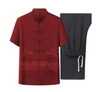 TREWQ Ensemble de vêtements classiques en coton et lin à manches courtes style chinois, avec chemise et pantalon imprimés de broderie Kung Fu pour hommes M