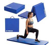 TREXO - Tapis de Gymnastique Pliable 180 x 60 x 5 cm 3-Panneaux - Tapis d’Entraînement Portable avec Poignée, Mousse EPE & Revêtement Similicuir - Bleu
