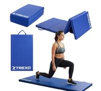 TREXO - Tapis de Gymnastique Pliable 195 x 80 x 5 cm 4-Panneaux - Tapis d’Entraînement Portable avec Poignée, Mousse EPE & Revêtement Similicuir - Bleu