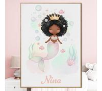 Triangle Déco Poster personnalisé prénom Sirène afro avec ou sans Cadre aquarelle pastel Illustration féérique fille Affiche Toile Plexiglas - Cadeau original personnalisé Naissance Anniversaire Noël