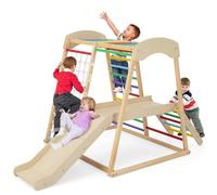 CostwayTriangle d'Escalade 6 en 1 en Bois avec Toboggan et Filet Barre pour Grimper Ramper et Glisser1 An+ Colorée