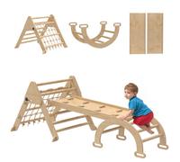 Triangle d'escalade enfants - 8 en 1 - avec rampe double face, arc d'escalade en bois peuplier avec toboggan & échelle - naturel