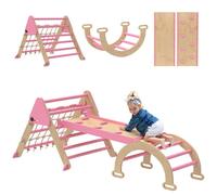 Triangle d'escalade enfants - 8 en 1 - avec rampe double face, arc d'escalade en bois peuplier avec toboggan & échelle - rose