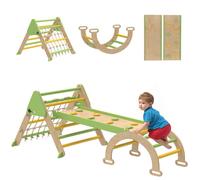 Triangle d'escalade enfants - 8 en 1 - avec rampe double face, arc d'escalade en bois peuplier avec toboggan & échelle - vert