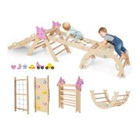 Triangle d'Escalade Pliables COSTWAY Jouet Montessori en Bois Massif Aire de Jeux avec Arche à Thème Licorne Naturel
